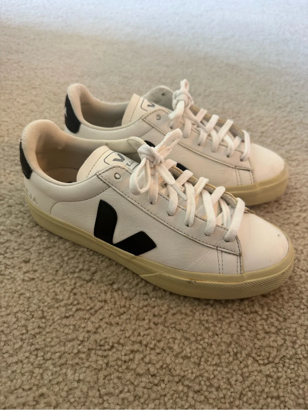 Veja Women’s White Sneakers with Black V Logo and Cream Sole